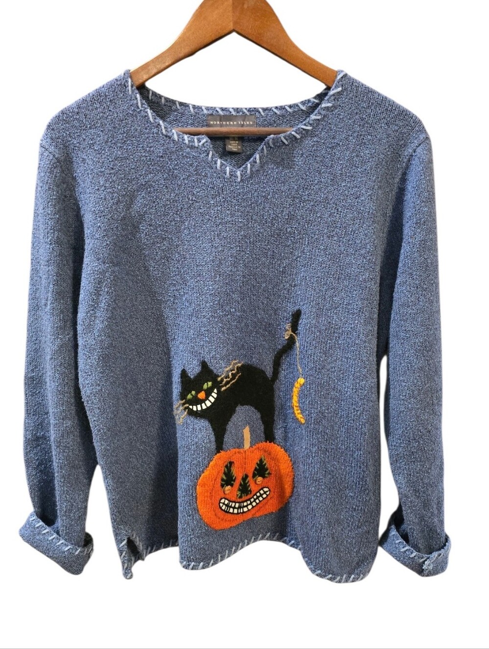 Y2K Vintage Northern Isles Halloween Black Cat Pumpkin Embroidered Blue Sweater - Picture 2 of 11